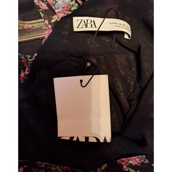 NWT Zara Black & Pink Floral Ruffle Square Neck Mini Dress Size Medium - Picture 6 of 8